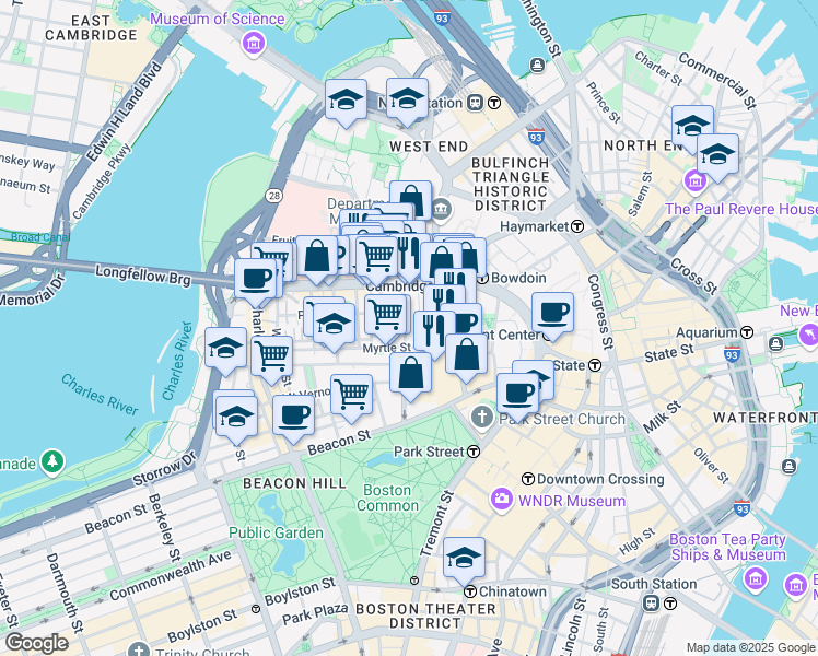 map of restaurants, bars, coffee shops, grocery stores, and more near 72 Joy Street in Boston