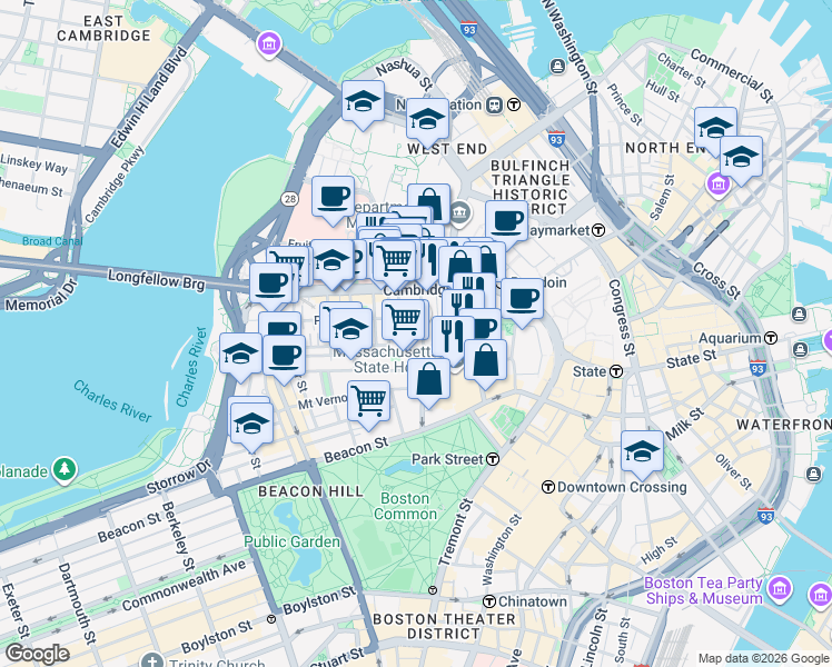 map of restaurants, bars, coffee shops, grocery stores, and more near 72 Joy Street in Boston