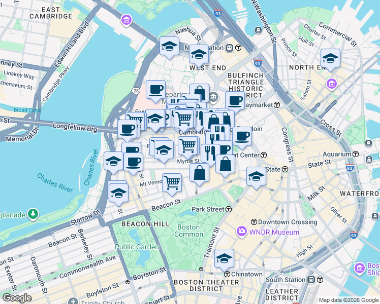 map of restaurants, bars, coffee shops, grocery stores, and more near 72 Joy Street in Boston