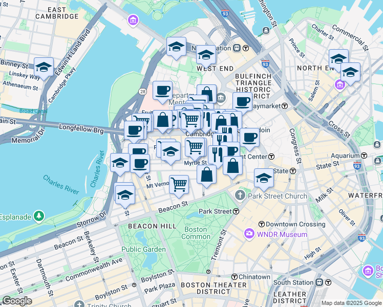 map of restaurants, bars, coffee shops, grocery stores, and more near 72 Joy Street in Boston