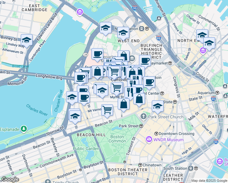 map of restaurants, bars, coffee shops, grocery stores, and more near 72 Joy Street in Boston