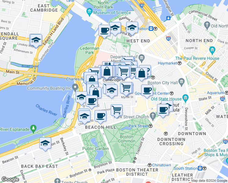 map of restaurants, bars, coffee shops, grocery stores, and more near 45 1/2 Garden Street in Boston