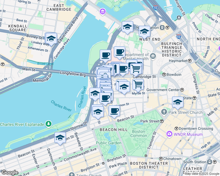 map of restaurants, bars, coffee shops, grocery stores, and more near 67 West Cedar Street in Boston