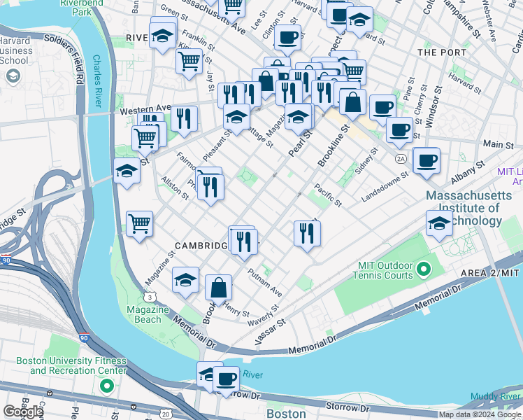 map of restaurants, bars, coffee shops, grocery stores, and more near 181 Erie Street in Cambridge