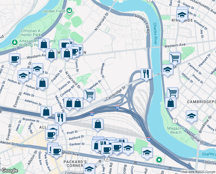 map of restaurants, bars, coffee shops, grocery stores, and more near 24 Windom Street in Boston