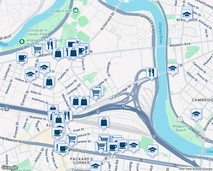 map of restaurants, bars, coffee shops, grocery stores, and more near 40 Seattle Street in Boston