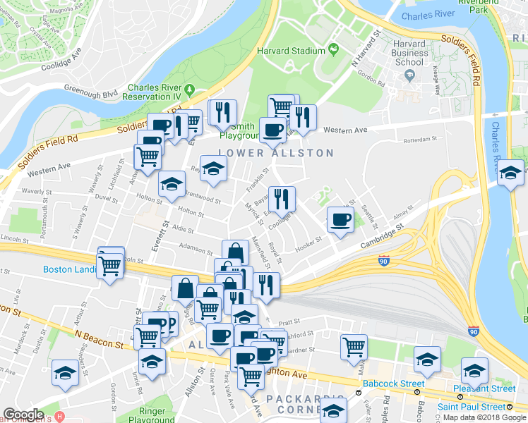 map of restaurants, bars, coffee shops, grocery stores, and more near 21 Myrick Street in Boston