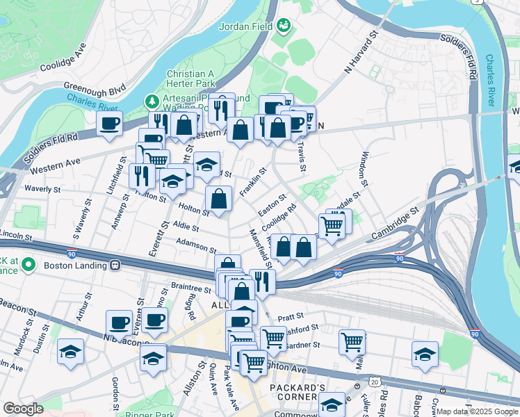 map of restaurants, bars, coffee shops, grocery stores, and more near 21 Myrick Street in Boston