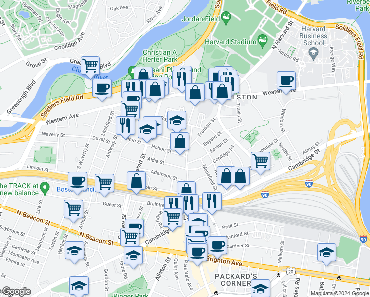 map of restaurants, bars, coffee shops, grocery stores, and more near 116 Franklin Street in Boston