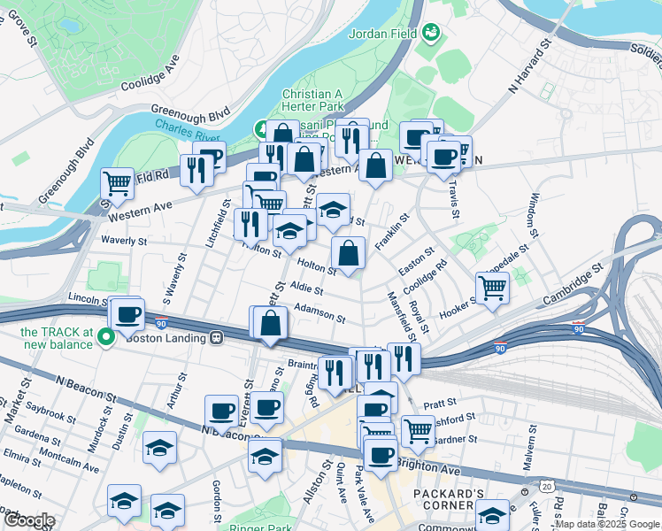 map of restaurants, bars, coffee shops, grocery stores, and more near 52 Athol Street in Boston