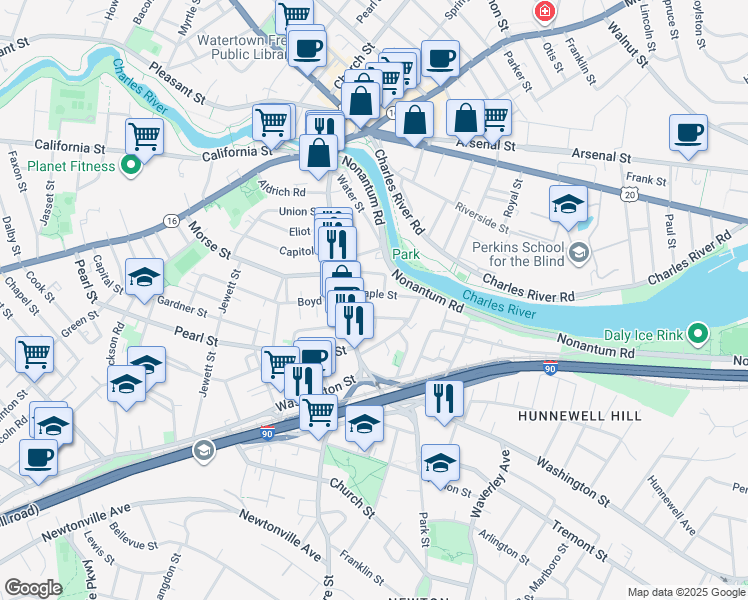 map of restaurants, bars, coffee shops, grocery stores, and more near 25 Maple Street in Watertown