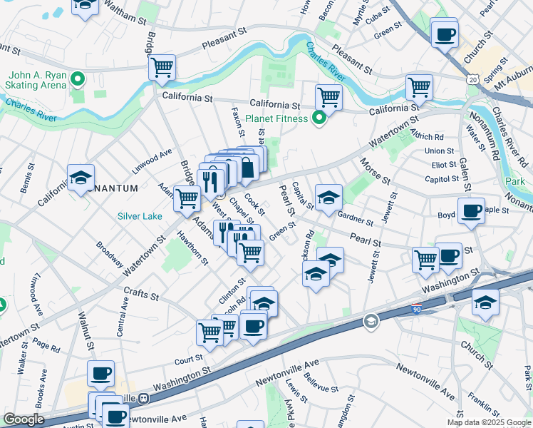 map of restaurants, bars, coffee shops, grocery stores, and more near 50 Cook Street in Newton