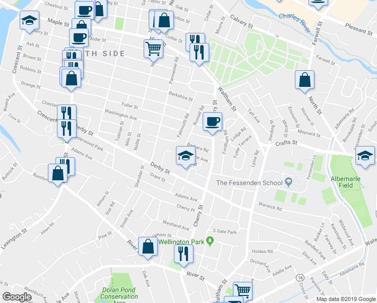 map of restaurants, bars, coffee shops, grocery stores, and more near 49 Jerome Avenue in Newton