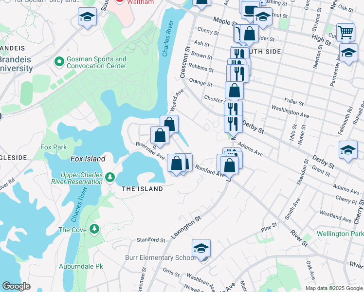 map of restaurants, bars, coffee shops, grocery stores, and more near 52 Rumford Avenue in Waltham