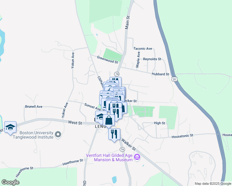map of restaurants, bars, coffee shops, grocery stores, and more near 18-22 Franklin Street in Lenox