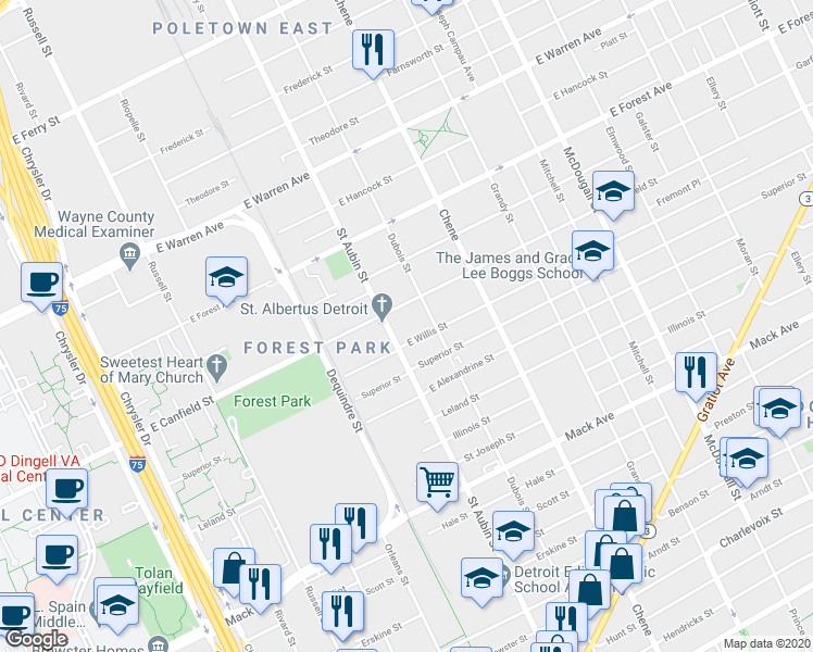 map of restaurants, bars, coffee shops, grocery stores, and more near 4225 Dubois Street in Detroit