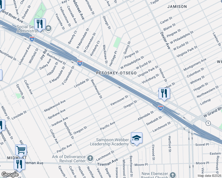map of restaurants, bars, coffee shops, grocery stores, and more near 4855 Spokane Avenue in Detroit
