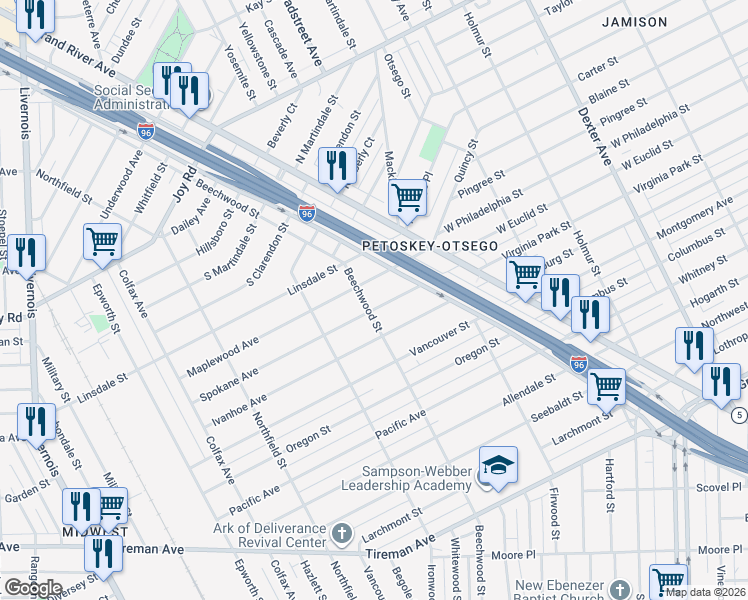 map of restaurants, bars, coffee shops, grocery stores, and more near 4975 Maplewood Avenue in Detroit