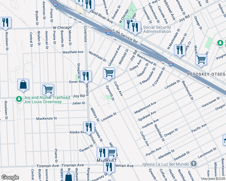 map of restaurants, bars, coffee shops, grocery stores, and more near 8843 Colfax Avenue in Detroit