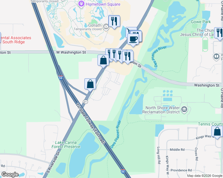 map of restaurants, bars, coffee shops, grocery stores, and more near 101 Woodlake Boulevard in Gurnee