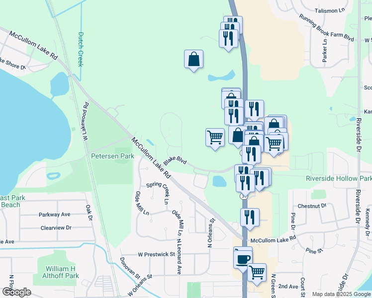 map of restaurants, bars, coffee shops, grocery stores, and more near 2224 Evergreen Circle in McHenry