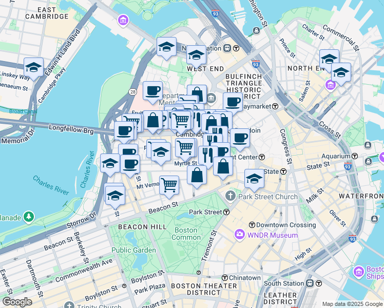 map of restaurants, bars, coffee shops, grocery stores, and more near 72 Joy Street in Boston