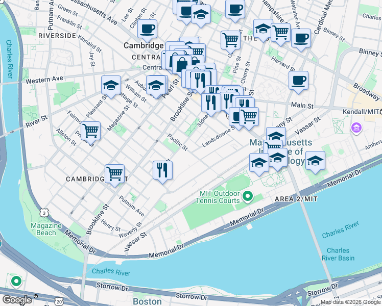map of restaurants, bars, coffee shops, grocery stores, and more near Pacific St & Landsdowne St in Mid-Cambridge
