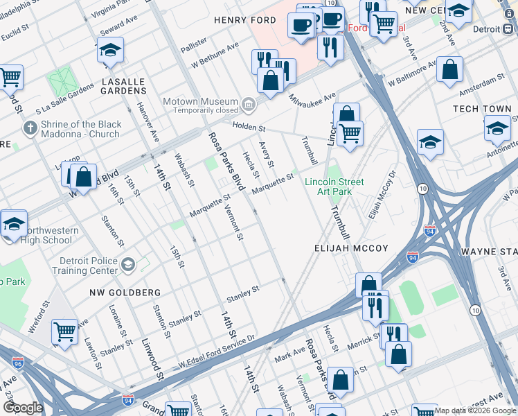 map of restaurants, bars, coffee shops, grocery stores, and more near 6040 Rosa Parks Boulevard in Detroit