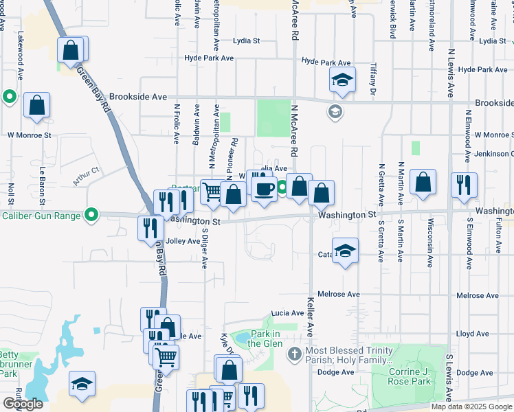 map of restaurants, bars, coffee shops, grocery stores, and more near 16 Washington Terrace in Waukegan