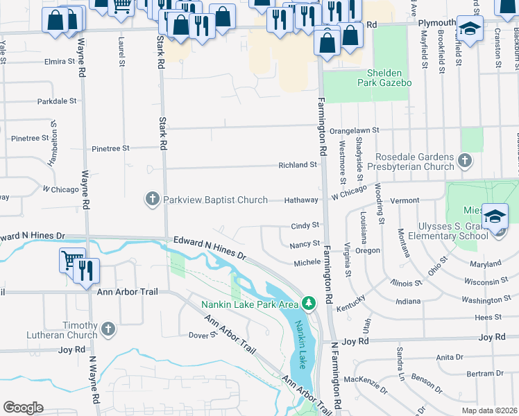 map of restaurants, bars, coffee shops, grocery stores, and more near 33769 Hathaway in Livonia