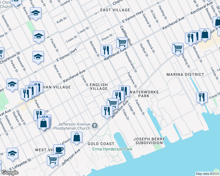 map of restaurants, bars, coffee shops, grocery stores, and more near 1400 Holcomb Street in Detroit