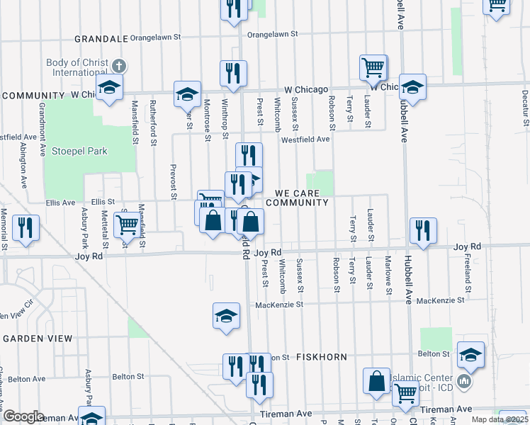 map of restaurants, bars, coffee shops, grocery stores, and more near 8918 Prest Street in Detroit