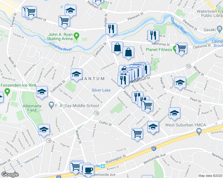 map of restaurants, bars, coffee shops, grocery stores, and more near 423R Watertown Street in Newton