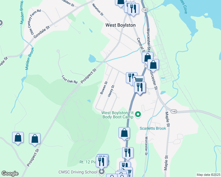 map of restaurants, bars, coffee shops, grocery stores, and more near 30 Henry Street in West Boylston