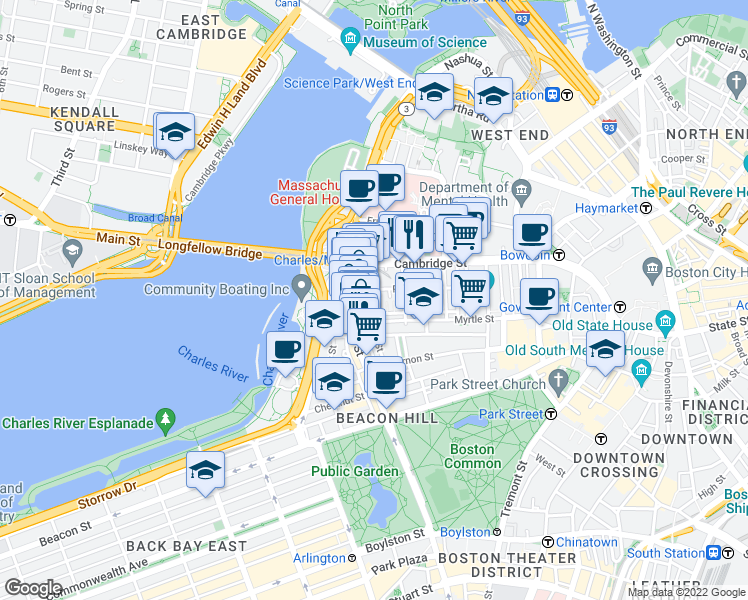 map of restaurants, bars, coffee shops, grocery stores, and more near 67 West Cedar Street in Boston