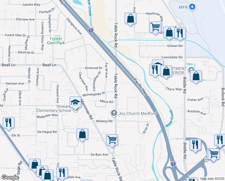 map of restaurants, bars, coffee shops, grocery stores, and more near 2971 Table Rock Road in Medford