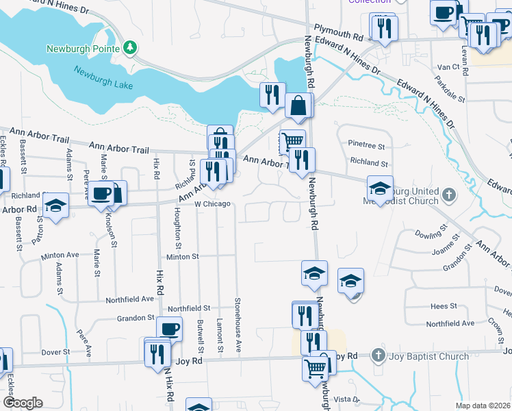 map of restaurants, bars, coffee shops, grocery stores, and more near 9366 Eastwind Drive in Livonia