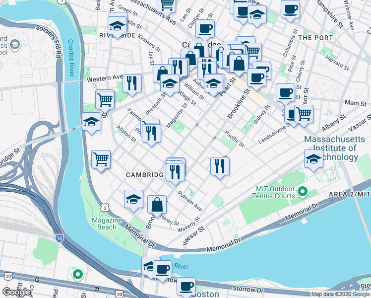 map of restaurants, bars, coffee shops, grocery stores, and more near 181 Erie Street in Cambridge