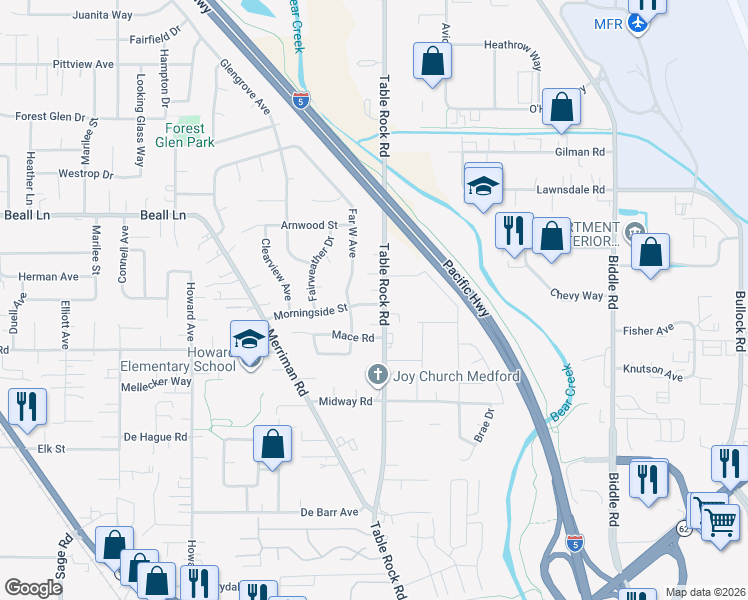 map of restaurants, bars, coffee shops, grocery stores, and more near 2971 Table Rock Road in Medford