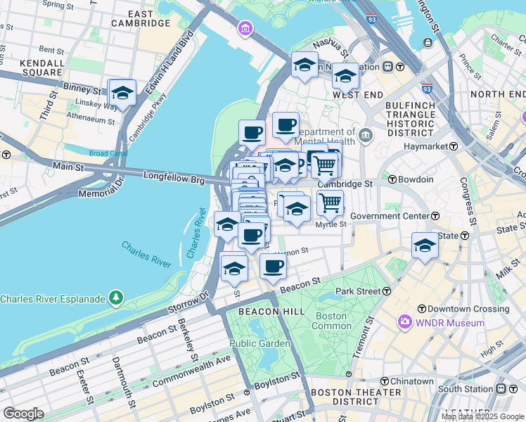 map of restaurants, bars, coffee shops, grocery stores, and more near 67 West Cedar Street in Boston