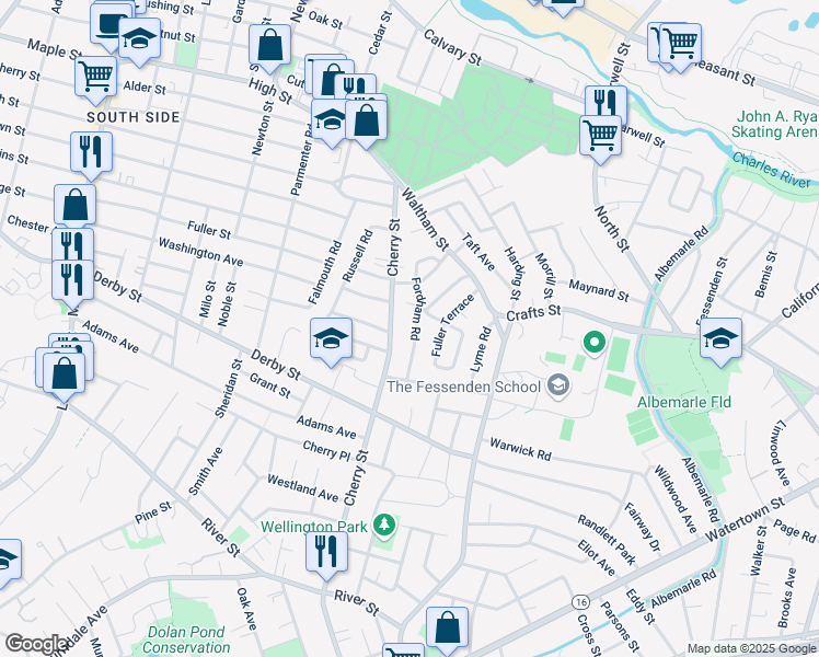 map of restaurants, bars, coffee shops, grocery stores, and more near 83 Fordham Road in Newton