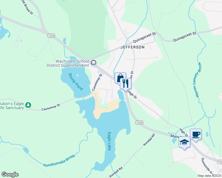 map of restaurants, bars, coffee shops, grocery stores, and more near 38 Village Way in Holden