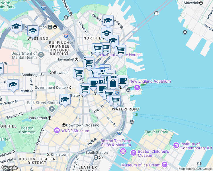 map of restaurants, bars, coffee shops, grocery stores, and more near 35 Commercial Street in Boston