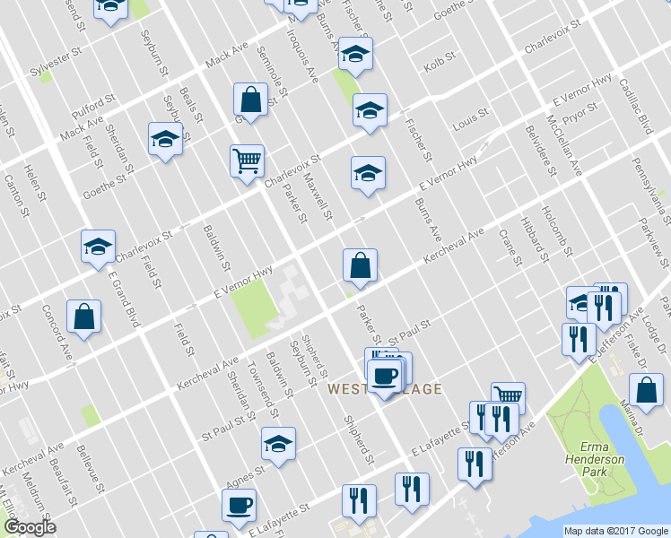map of restaurants, bars, coffee shops, grocery stores, and more near 2226 Parker Street in Detroit