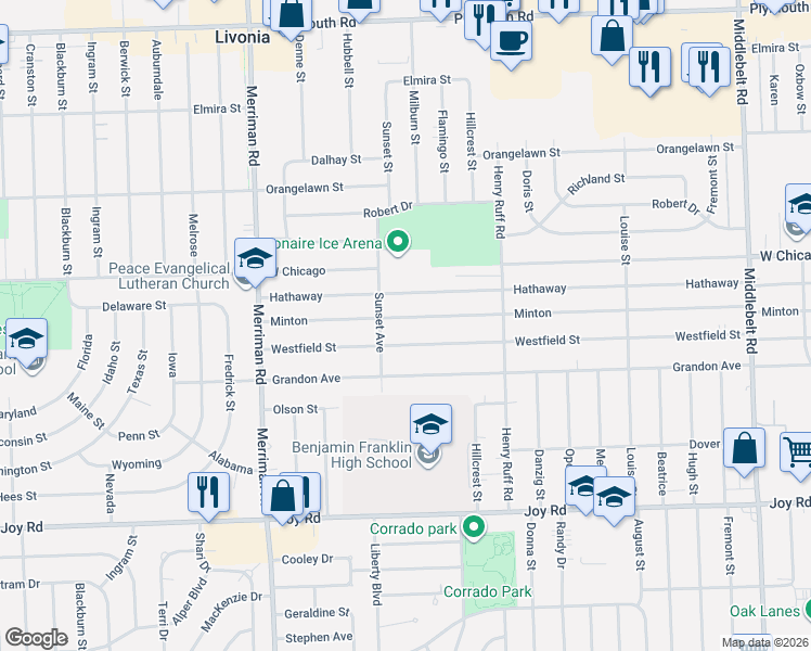 map of restaurants, bars, coffee shops, grocery stores, and more near 30691 Minton in Livonia