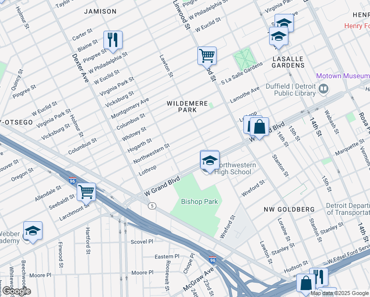 map of restaurants, bars, coffee shops, grocery stores, and more near 2990 Lothrop Street in Detroit