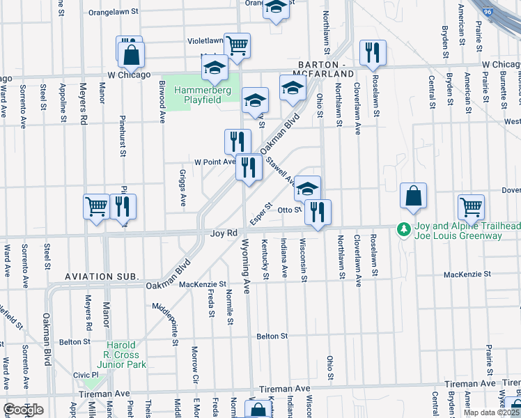 map of restaurants, bars, coffee shops, grocery stores, and more near 8865 Esper Street in Detroit