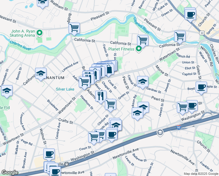 map of restaurants, bars, coffee shops, grocery stores, and more near 170 Chapel Street in Newton