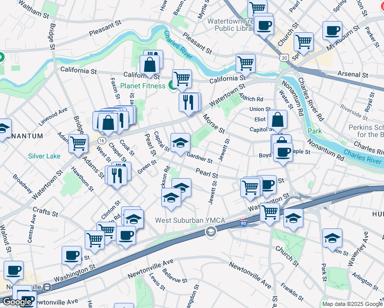 map of restaurants, bars, coffee shops, grocery stores, and more near 89 Gardner Street in Newton