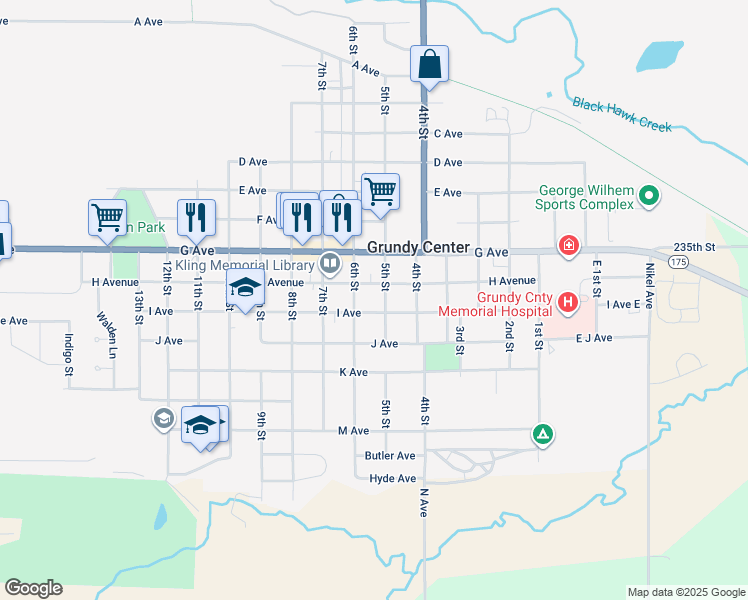 map of restaurants, bars, coffee shops, grocery stores, and more near 503 I Avenue in Grundy Center